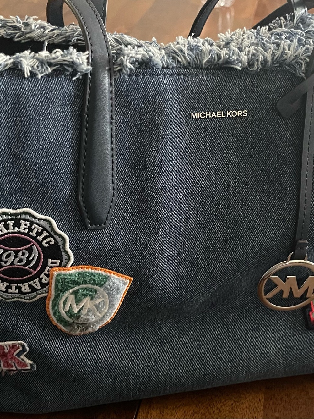 Michael Kors Denim Tote with Patch Accents in Dark Blue and Black
